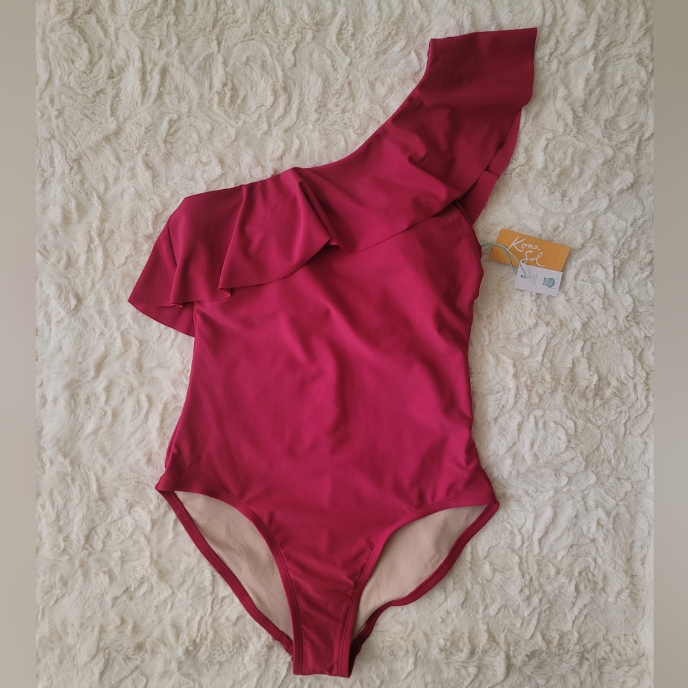 Kona Sol Women 1 Shoulder Ruffle Full Coverage 1 Piece Pink Medium Swimsuit NWT